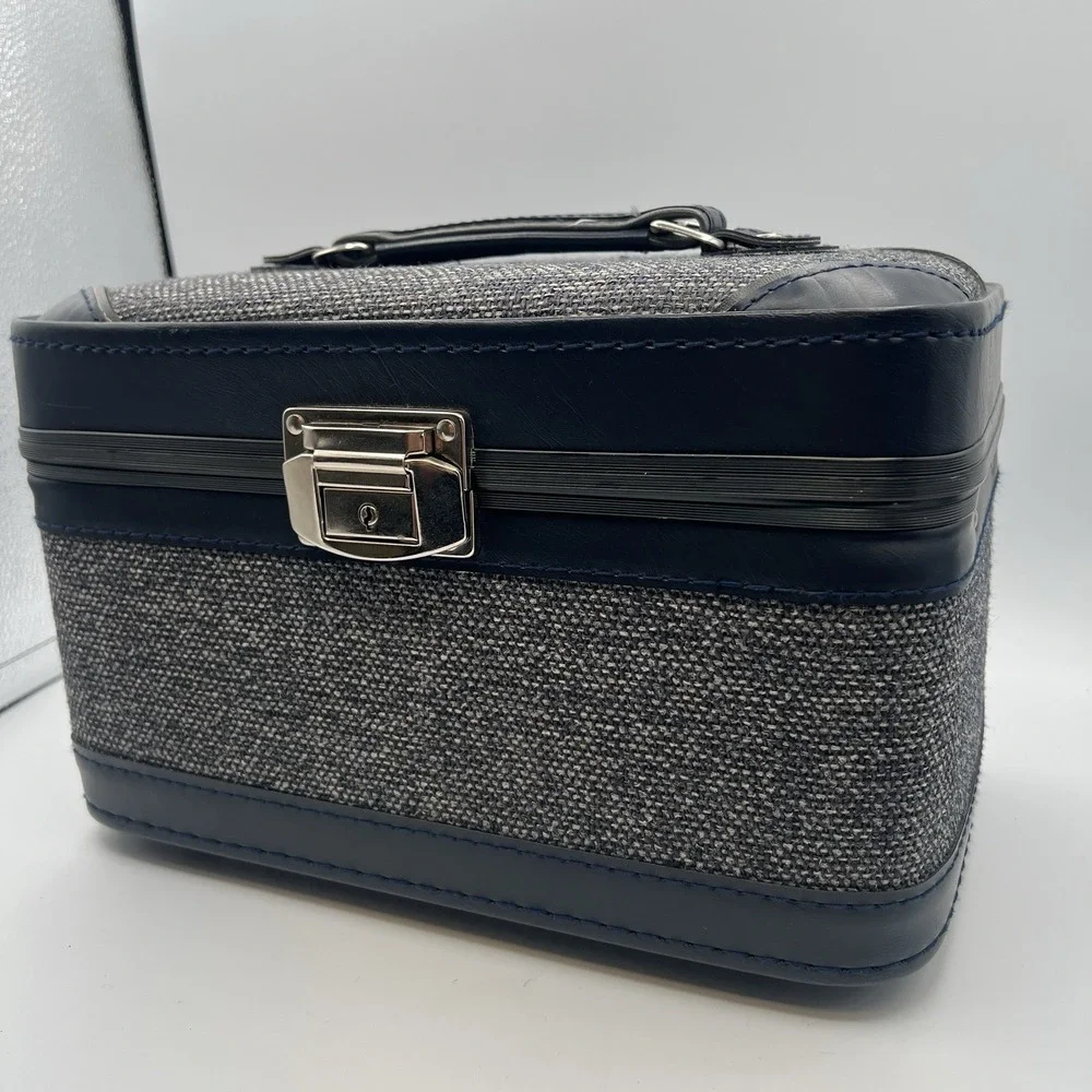 Blue Tweed Cloth Vanity Train Travel Case Inside Tray Pop-up Mirror